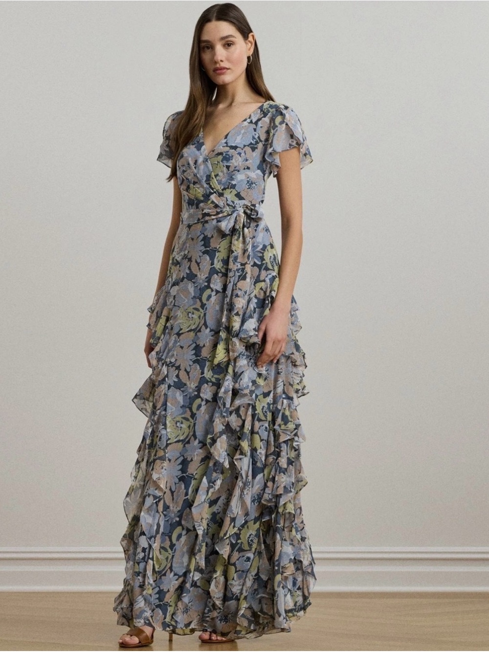 Lauren Ralph Lauren Women's Floral Ruffle-Trim Georgette Gown Blue Size 8 $325